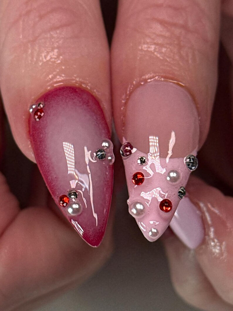 Red Pink Heart Press On Nails, Glitter Valentine Nails, Ombre Almond Nails with Pearls & Gems, Romantic Love Nails, Nails for Date Night
