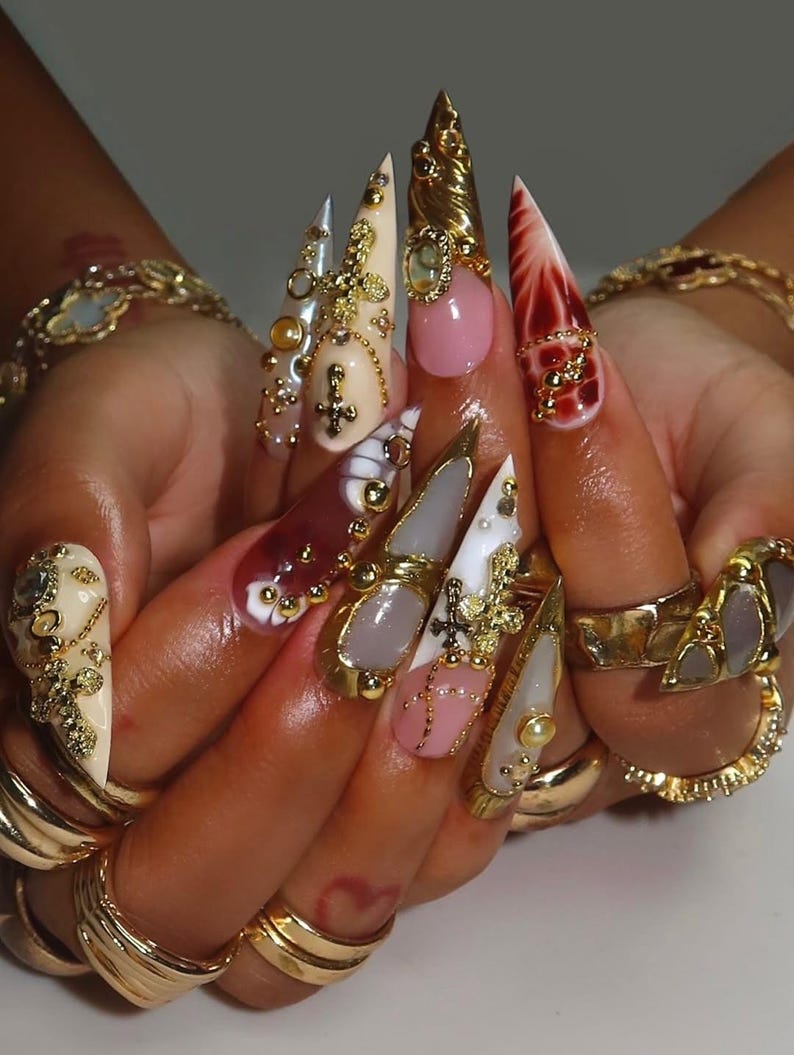 Freestyle Luxury Baroque Gold 3D Press On Nails with Cross Pearl Gem Design, Long Almond Handmade Gothic Nail Art Set For Party, Birthday