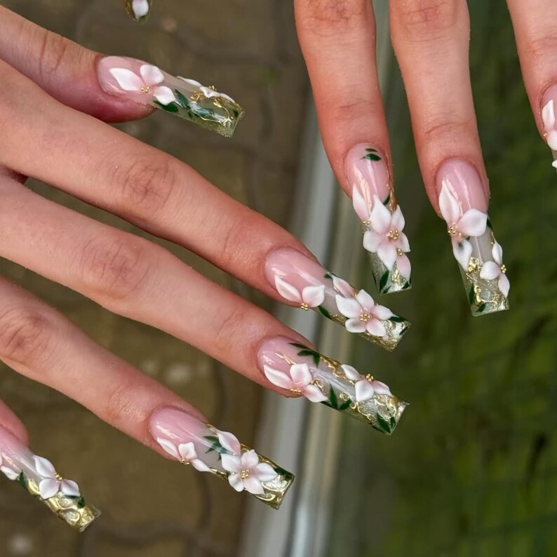 Enchanted Floral Press On Nails | Luxury 3D White Floral Nail Art | Green & Gold Coffin Nails | Elegant Wedding Nails