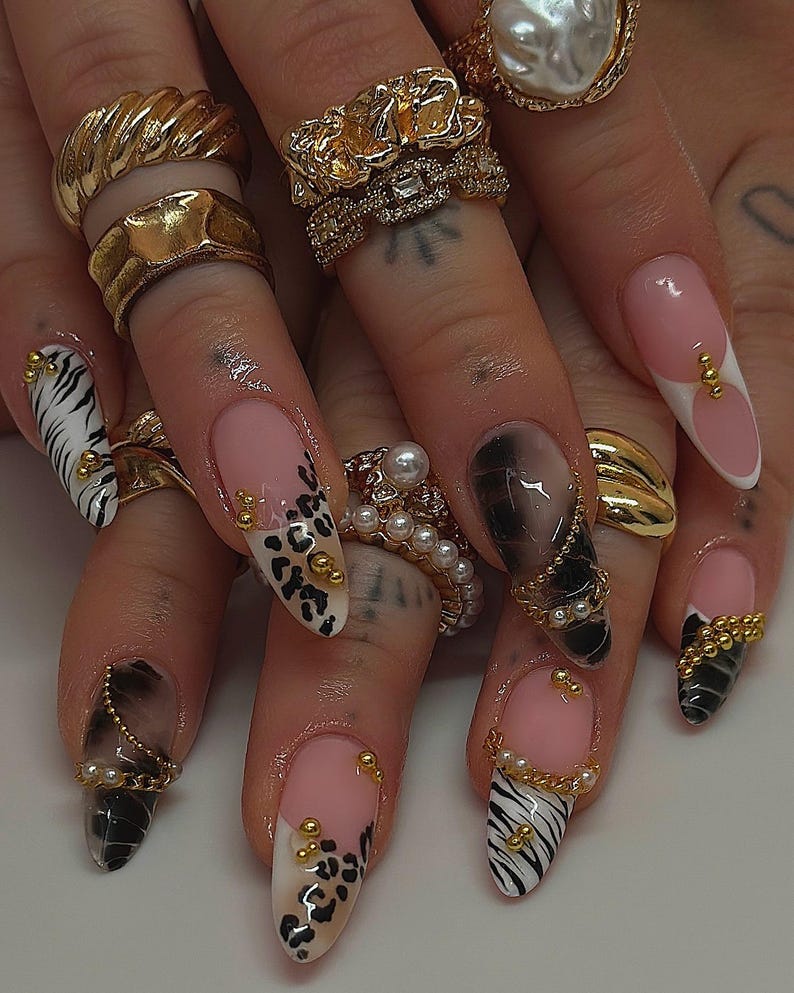 Safari Wild Animal Print Nails | Leopard Zebra Press On Nails | Handmade Fake Nails | Custom Press On Nails | Acrylic Nails | New Year Nails