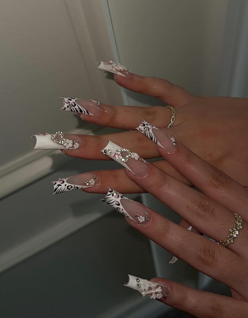 Safari French Press On Nails | Zebra & Leopard Print Mix | 3D Heart Rhinestones | Trendy Long Square Press Ons | Cute Girly Nail Art