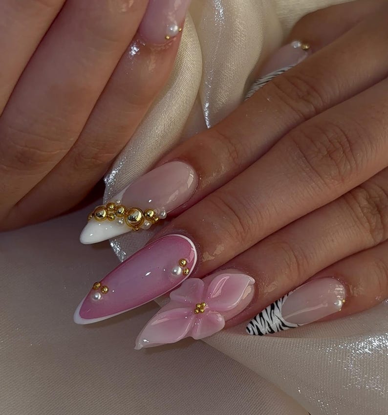 Zebra Glam Flower Press On Nails | Pink 3D Floral Rhinestone Nails | Long Stiletto Zebra Print Nail | Elegant Glam Safari Aesthetic Nail