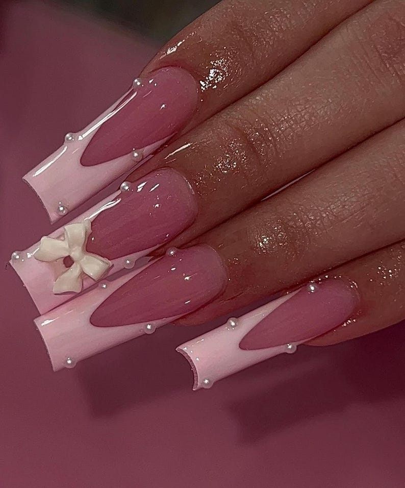 Pink Polka Dot Press On Nails | Long Square Kawaii Bow Pearl Nails | Pink French Tip Cute Spring Set | Valentines Press On Nails