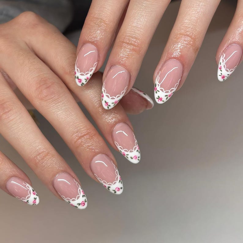 Floral Lace French Press On Nails, Soft Pink Romantic Nails with Hand Painted Rose Tips, Elegant Coquette Nail Set, Pink French Tips Nails