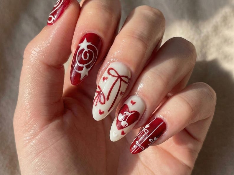 Crimson Valentine Bow Press On Nails for Romantic Girls | Handmade Ribbon & Star Fake Nails | Cream Red Vintage Heart Nail Art