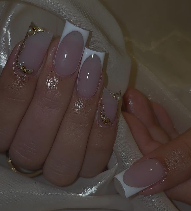 Everyday French Tip Press On Nails | Neutral Pink Base with White Tips | Gold And Pearls Accent Nail Art | Handmade Glue On Fake Nails