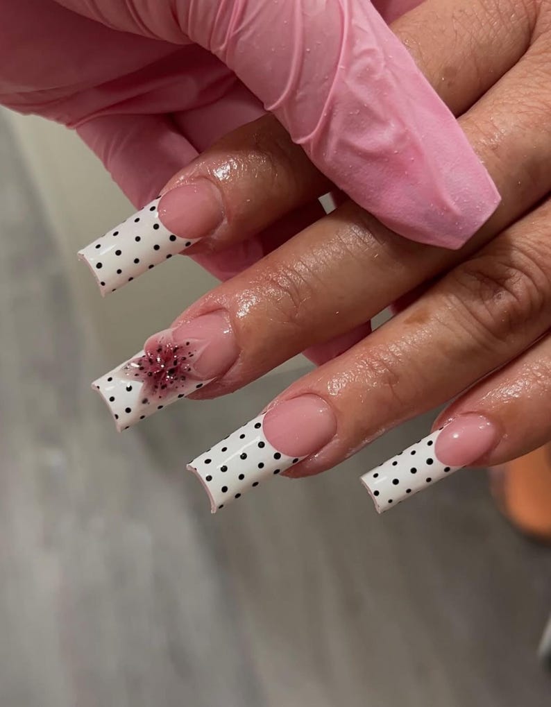 Luxe Polka Dot Press On Nails | White French Tip with Black Dots Nail Art | 3D Pink Flower Accent Nails | Handmade Long Square Nails