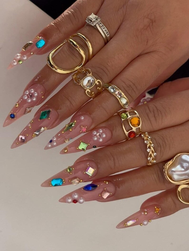 Luxury Press On Nails | Long Stiletto Crystal Nails | Rhinestone & Pearl Fake Nails | Glam Nail Art Set | Party Prom Nails | Reusable Nails