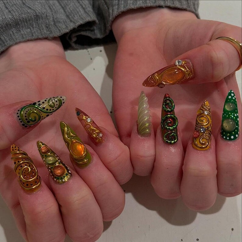 Colorful 3D Texture Press On Nails By SugarNailArt | Eye Art Fake Nails | Funky Gold Accent Nail Art | Color Pop Press Ons | Luxury