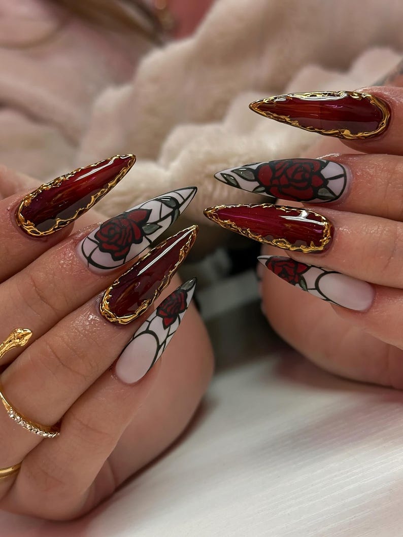 Stained Glass Rose Press On Nails | Gothic Red Floral Transparent Nails | Glass Effect 3D Rose Design | Velvet Rose Deep Red Glossy Nails