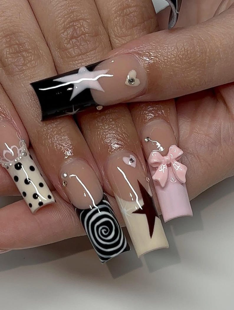 Star Glam Rock Press On Nails | Pink & Black Star Nail Art | Polka Dot French Tip Nails | Edgy Y2K Nail Design | Handmade Kawaii Nails