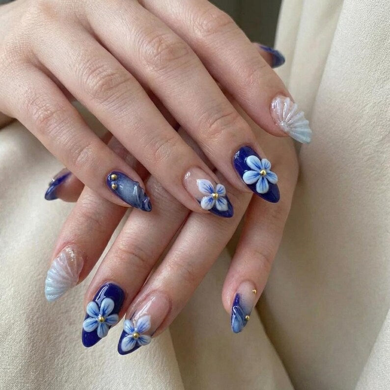 Blue Floral Press On Nails, Handmade 3D Flower Nails, Navy French Tip Cat Eye Nails, Reusable Gel Press Ons, Elegant Wedding & Party Nails