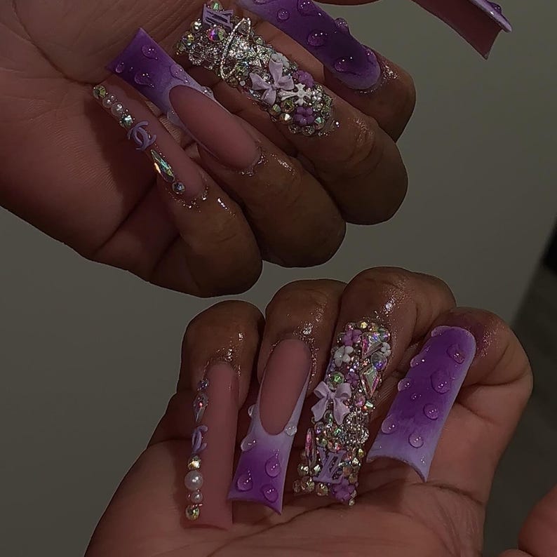 Purple Frencch Tip Press On Nails | Hand-Painted ombre Nail Art | Vibrant Print Nails & Silver Butterfly Accents