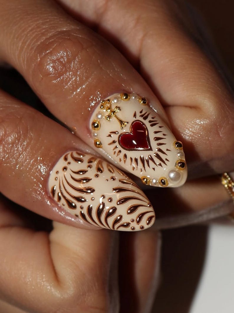 Golden Heart Baroque Press On Nails | Valentine Nails | Ivory Blush French Tips | Cross & Heart Nails | Vintage Religious Nail Art