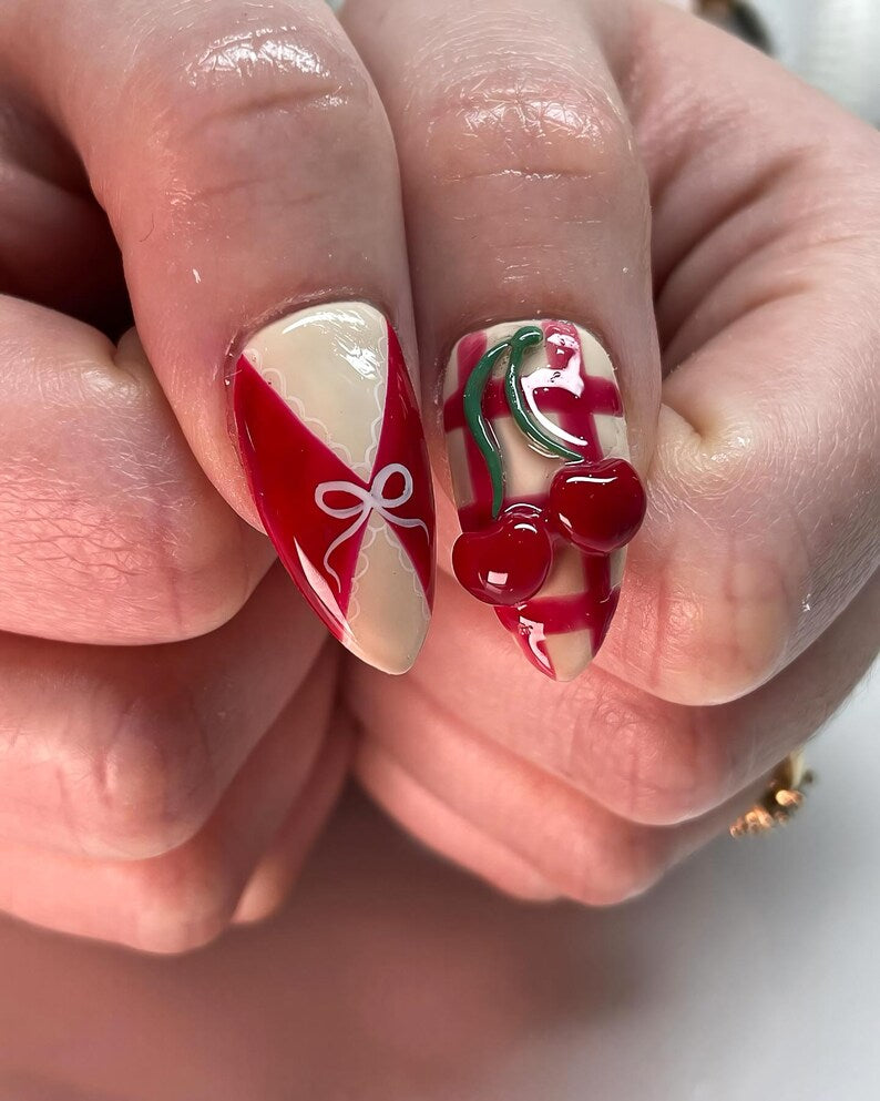 Cute Romantic Press On Nails, Valentine Nails with 3D Bows and Cherries, I Love You Nail Set, Red Nude Heart Nails, Kawaii Nails