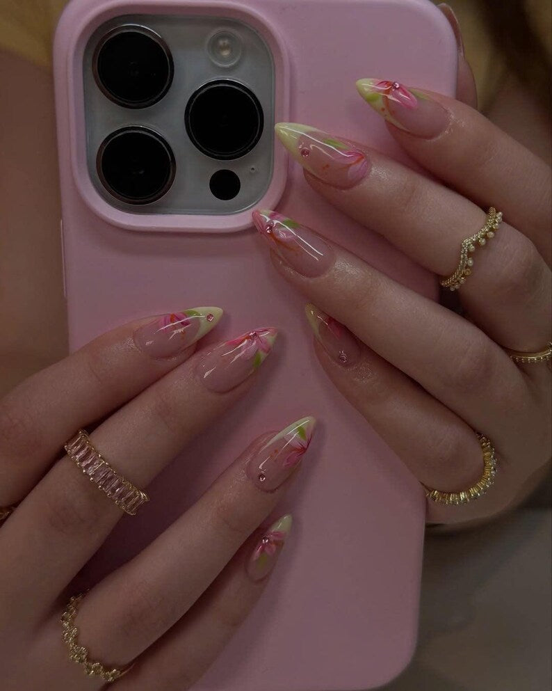 Summer Floral Press On Nails, Yellow French Tips Fake Nails, Handpainted Summer Nails with Pink Blossom, Beach Vacation Nails, Party