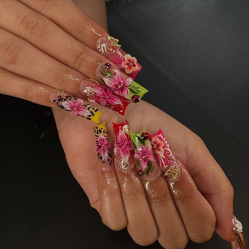 Tropical Floral Press On Nails | 3D Tropical Flowers Nail Art | Vibrant Ladybug Design Fake Nails | Bold Tropical Kawaii Nails