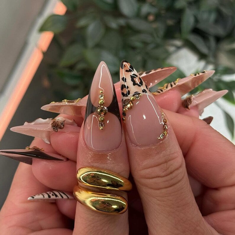 Luxury Brown Press On Nails | 3D Leopard Zebra Print Nail Art | Gold Chain Animal Nails | Wild Chic Long Press Ons