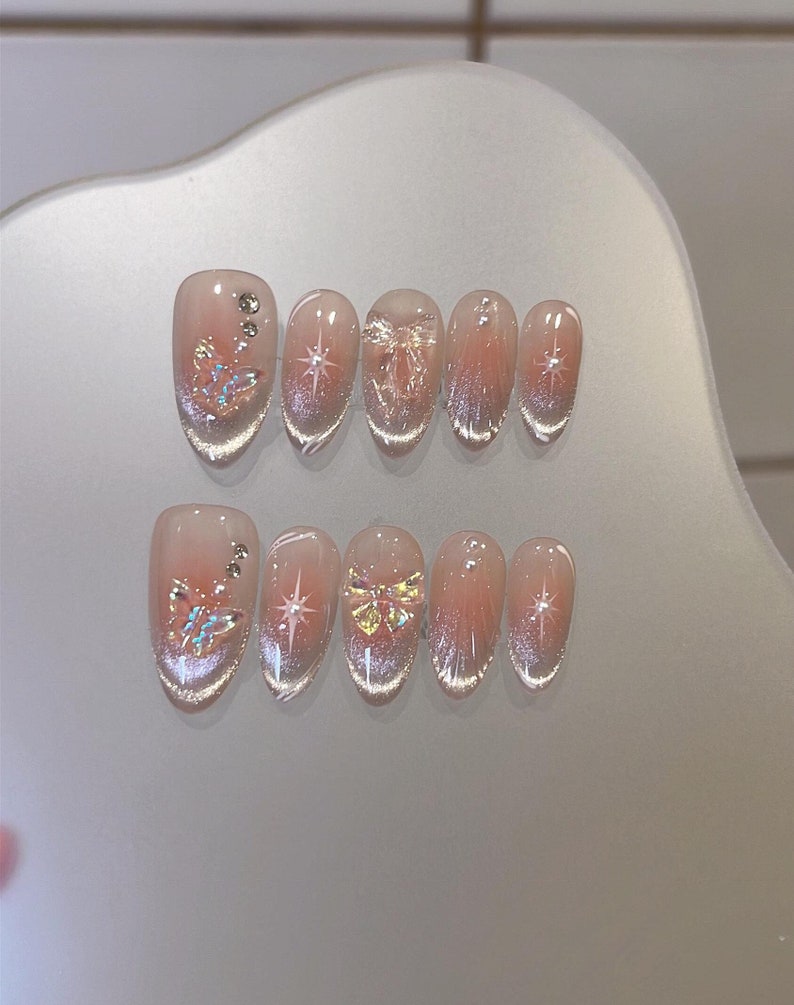 Fairy Jelly Rose Blush French Style Star White Cat eye 3d Butterfly Nails | Reusable Custom Handmade Press on Nails | Twinkle Cute nails