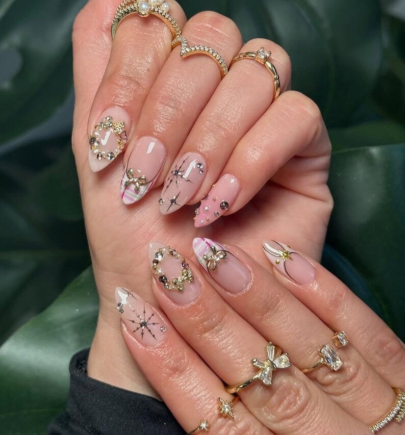 Valentine Gold Bow Press On Nails, Baby Pink Base Nails with 3D Gold Charm, Romantic Coquette Style Handmade Nails, French Tip Nails