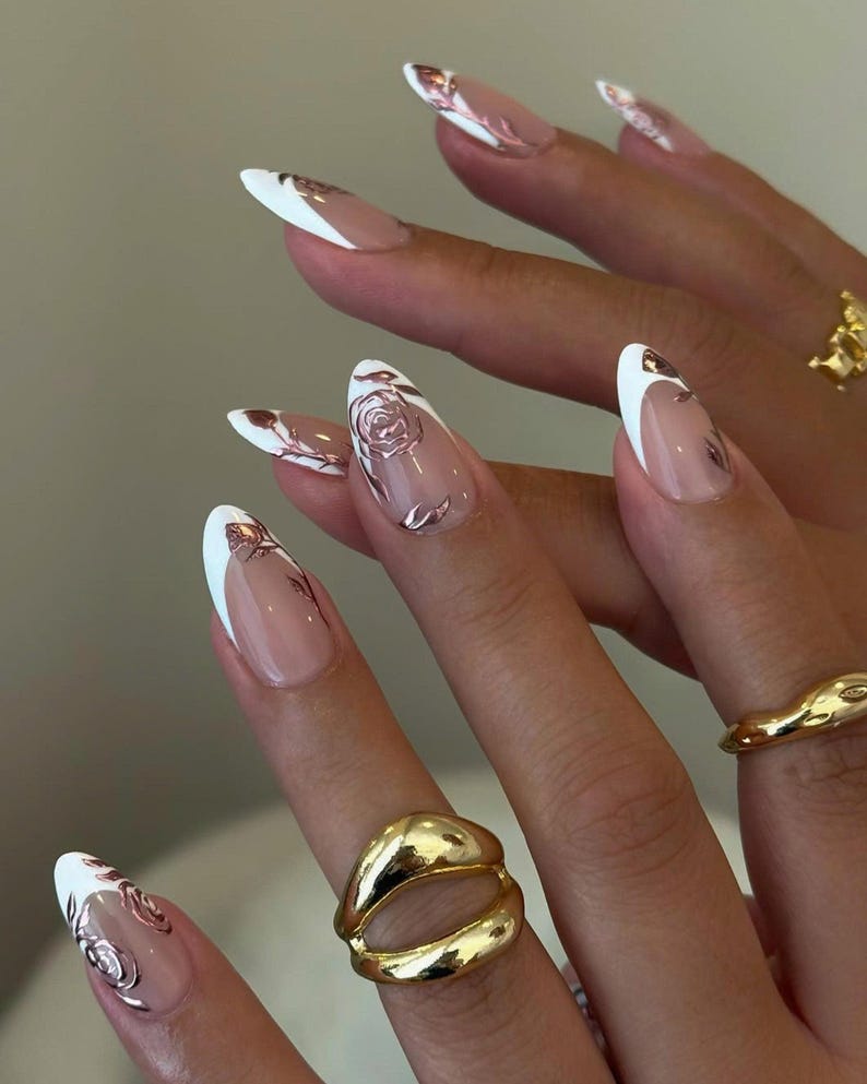 Romantic Rose Press On Nails, Elegant Handmade Press Ons with Pink Chrome Floral Nail Art, Luxury French Tips Nails, Special Occassion Nails