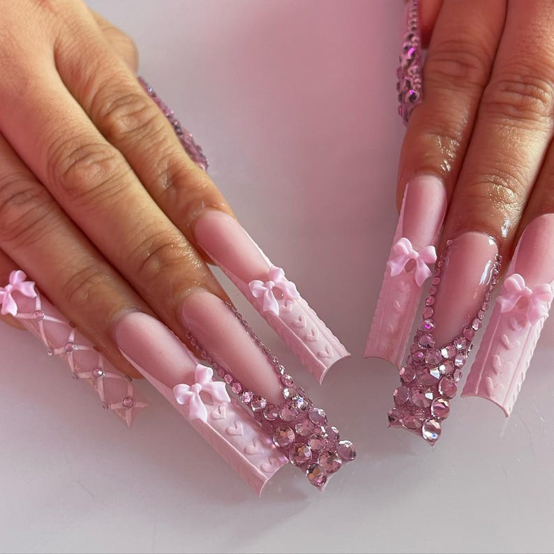 Pink XL Square Press On Nails | Rhinestone Bow Nails | Knitted Texture Nail Art | Feminine Statement Press Ons