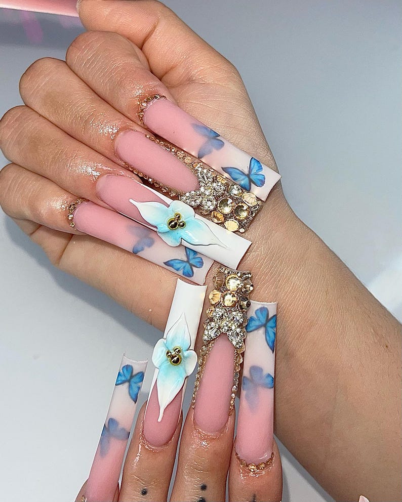 Blue Butterfly Press On Nails | XL Square French Tip Nails | White Blue 3D Orchid Rhinestone Nail Art | Elegant Luxury Press Ons