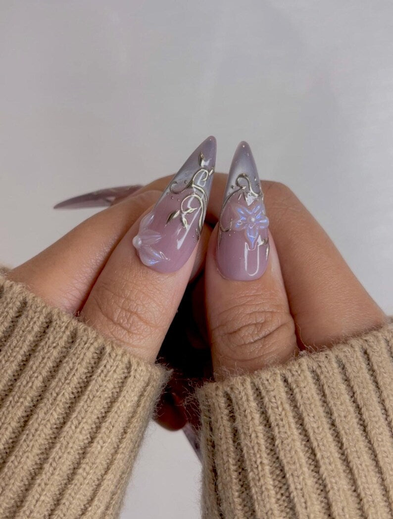 Spring Floral Elegant Press On Nails | Lavender Smoke French Tips Nail Art | 3D Floral Pearl Nails | Elegant Silver Filigree Design