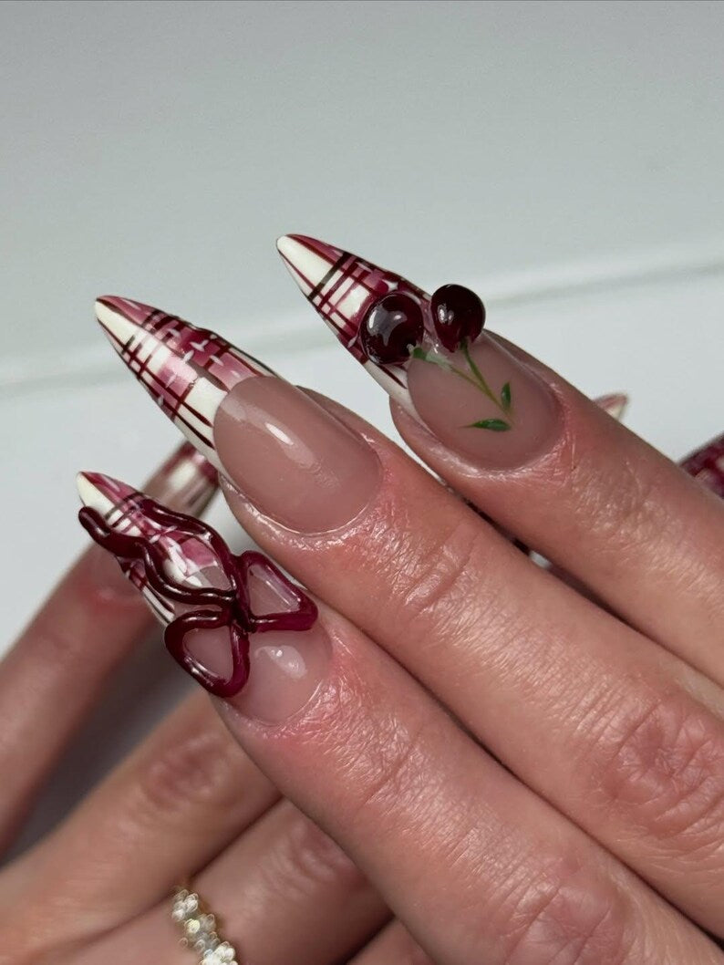Cherry Tartan Couture Press On Nails for Valentine Days | Long Stiletto Nude Fake Nails | Burgundy Plaid & 3D Cherry Bow Nail Art
