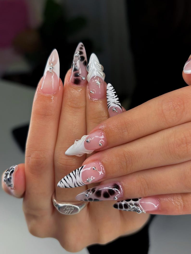 Y2K Mixed Print Press On Nails, Black White French Tip, Zebra Cow Print Nails, Black White Y2K Nails