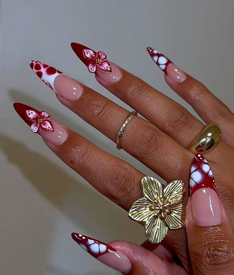 Spotted Red Flower Press On Nail, Long Stiletto Fake Nail for Spring-Summer, Unique French Tips Nail Art, Gel Nails, 3D Nails, Gel Nails