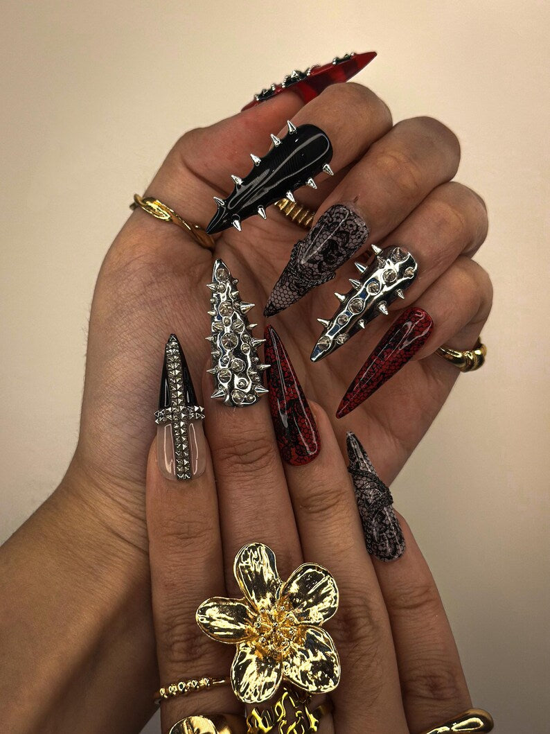 3D Metal Spike Press On Nails | Punk Nail Art | Red & Black Snakeskin Press Ons | Gothic Spike Nails | Rock Glam Halloween Nail Set