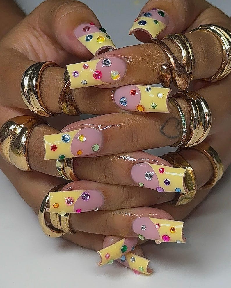 Colorful 3D French Tip Press On Nails | Hand Painted Spring Nails | Rainbow Rhinestone Acrylic | Boho Chic Set | Nail Gems For Spring Party