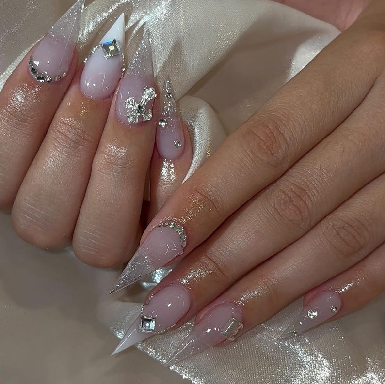 Luxe Bling Press On Nails | Milky French Tip Nails | Rhinestone Luxury Nail Art | Handmade Medium Stiletto Nails | Wedding Glam Fake Nails