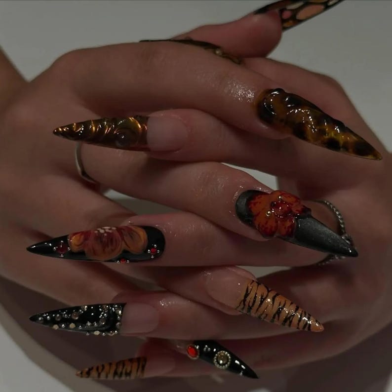 Wild Bloom Safari Press On Nails | Leopard Zebra Print & 3D Red Flower Art |Black Red Gradient Glossy Stiletto Tips | Animal Print Nail