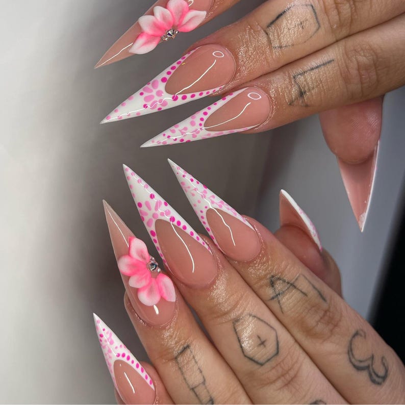 French Tip Press On Nails | 3D Floral Almond Nail Set | Floral Press On Nails Stilleto Irregular French Tips Spring Trendy Nail