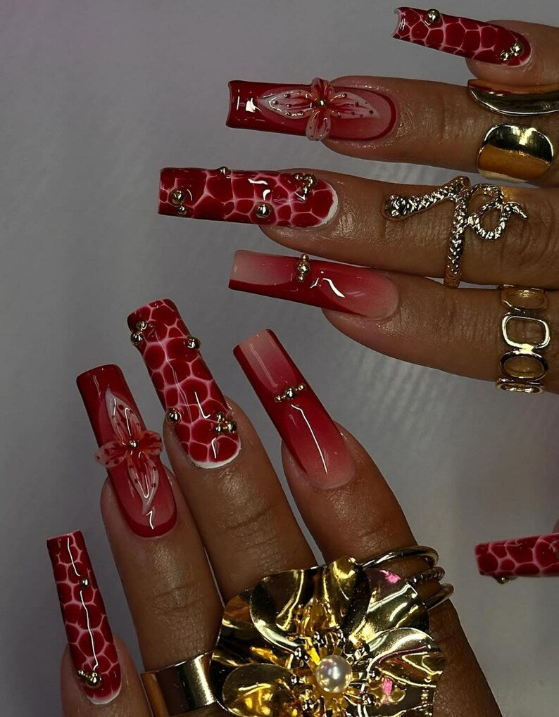 Red Floral Fall Press On Nails | 3D Flower & Gold Bead Nail Art | Glamorous Handmade Coffin Nails | Statement Red Luxury Press Ons