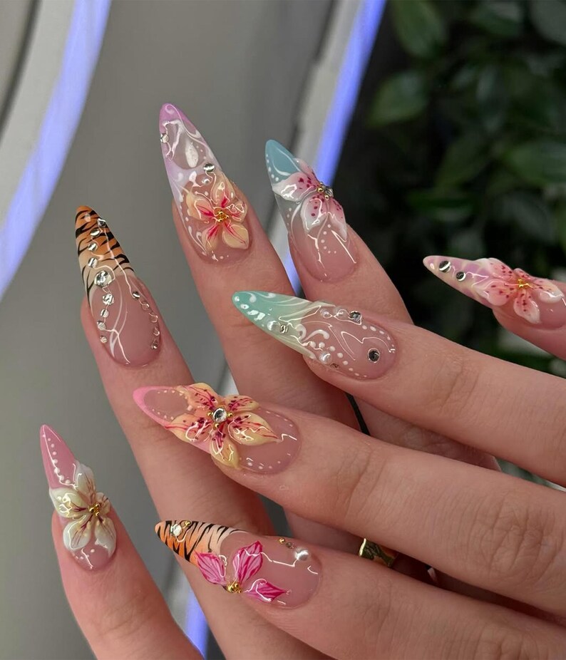 Tropical Glam Press On Nails | Floral & Tiger Nail Art | Y2K Pastel Summer Nails | Bold Vacation Nails | Long Stiletto Leopard Nail