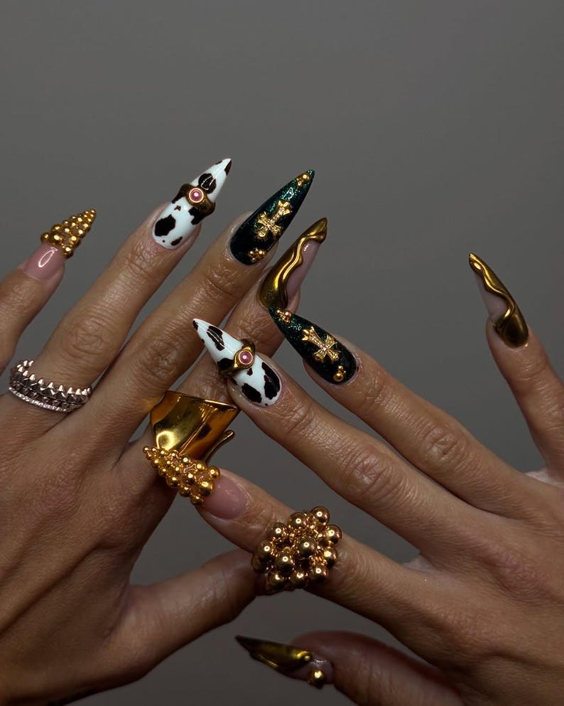 Cow Print Gothic Press On Nails By SugarNailArt | Black Gold Gothic Fake Nails | Luxury Gothic Nail Art | Edgy Bold Press Ons