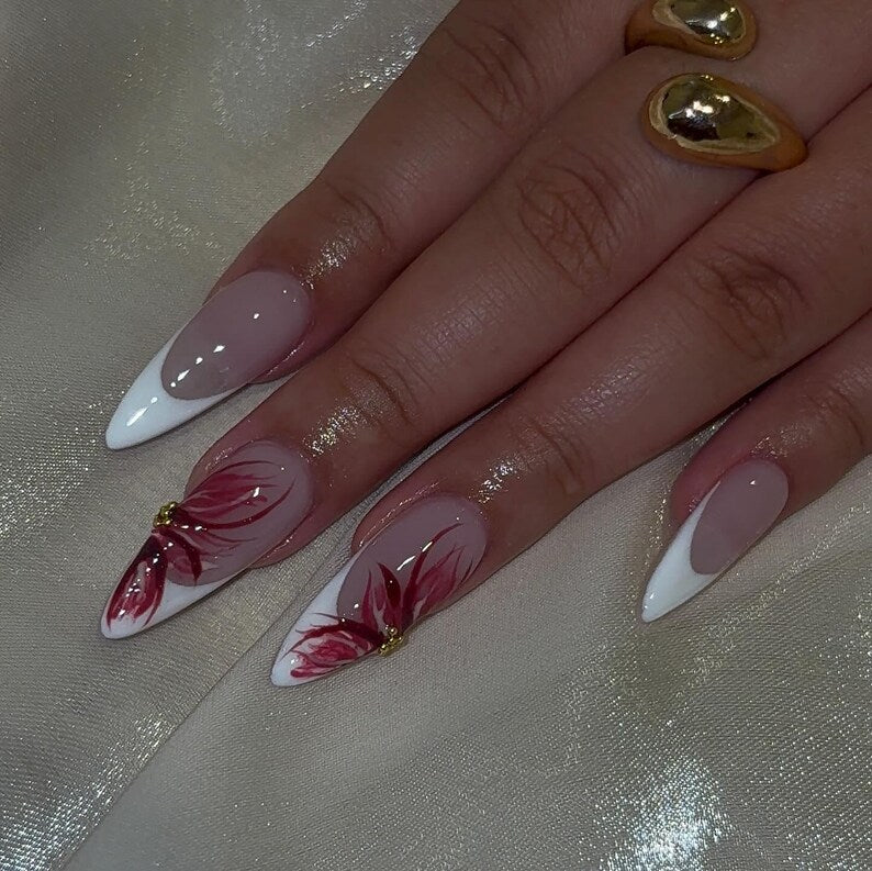 Hand Painted Floral French Press On Nails | Red Flower French Tip Nails | Acrylic Stiletto Fake Nails | Elegant Nail Art Wedding Nails