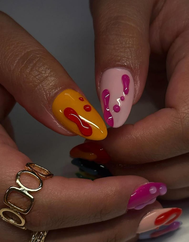 Rainbow Drip Pop Press On Nails | Colorful Glossy Nail Art | 3D Dripping Paint Effect Nails | Bright Summer Festival Nails