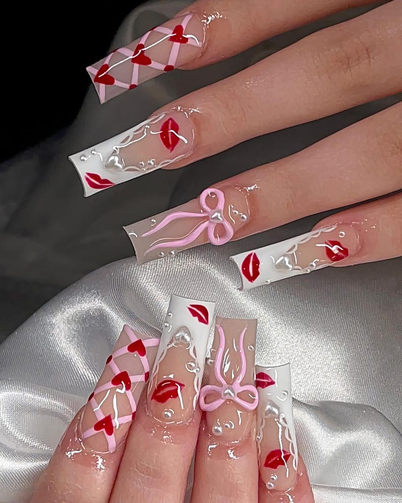 Red Kiss Press On Nails with 3D Pink Bow, White Heart Corset Nail Art, Cute Valentine Nails, Pink Ribbon Bow Nails, French Nails Tip Nails