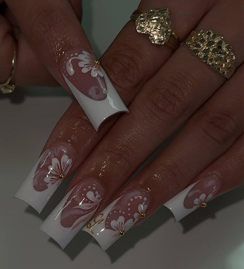 Elegant Blossom French Press On Nails | White & Pink Floral Nail Art | Long Square Handmade Luxury Set | Delicate 3D Flower Nails