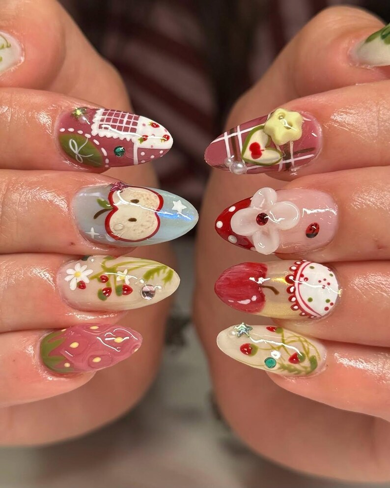 Fairy Cottagecore Press On Nails | Cute Mushroom & Apple Fake Nails | Pastel Garden Nail Art | Cute Fairy Tale Press Ons | Kawaii Nails