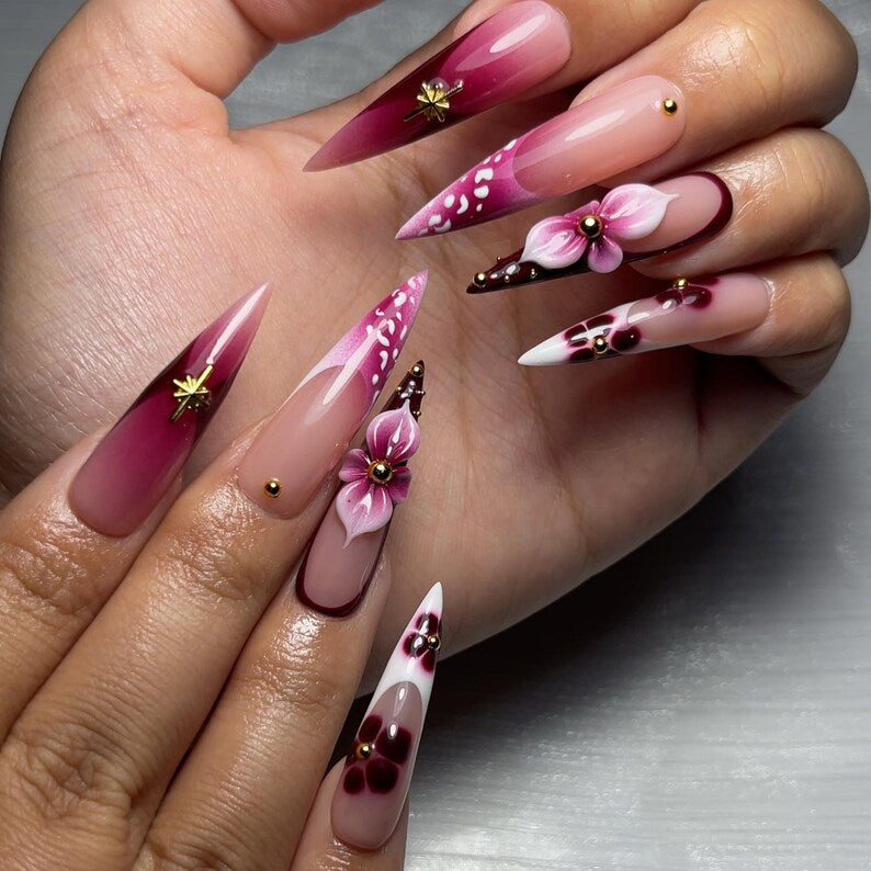 Wine Marble & 3D Floral Press On Nails | Glossy Pink Purple Ombre Gradient | Crystal Embellishments And Metallic Accents