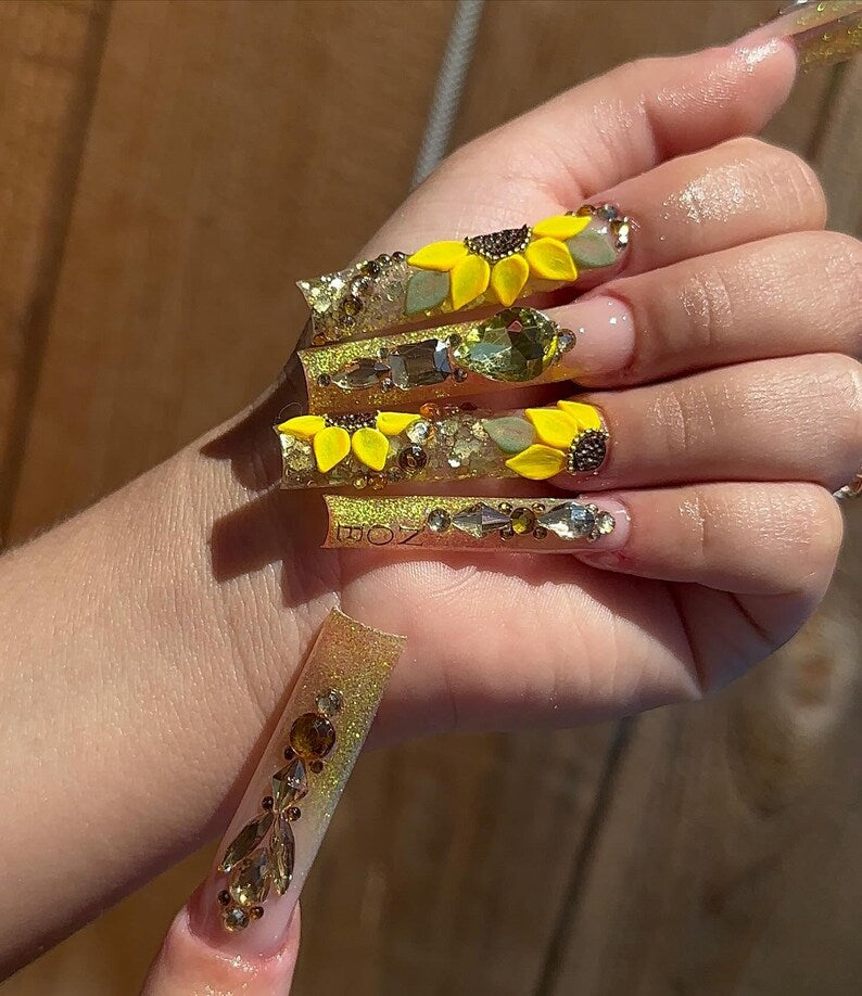 Sunflower Press On Nails: 3D Floral Nail Art | Luxury Gold Press On Nails | XL Square Sparkly Nails | Glam Sunflower Rhinestone Nail Art