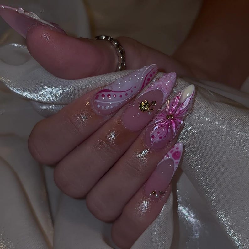 Tropical Flower Press On Nails | Airbrush Pink Floral Nail Art | 3D Floral Mermaid Nails | Spring Summer Beach Party Press Ons | Luxury Nail