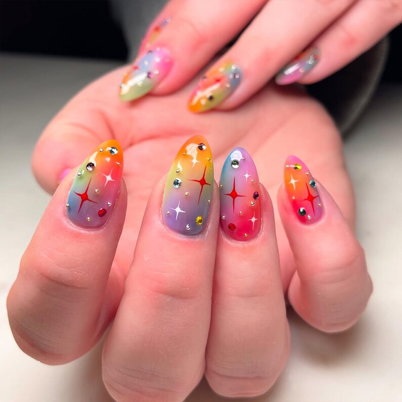 Rainbow Sparkle Press On Nails | Colorful Gradient Star Nails | Fun Festival Press Ons | Rhinestone Party Nails | Vibrant Nails