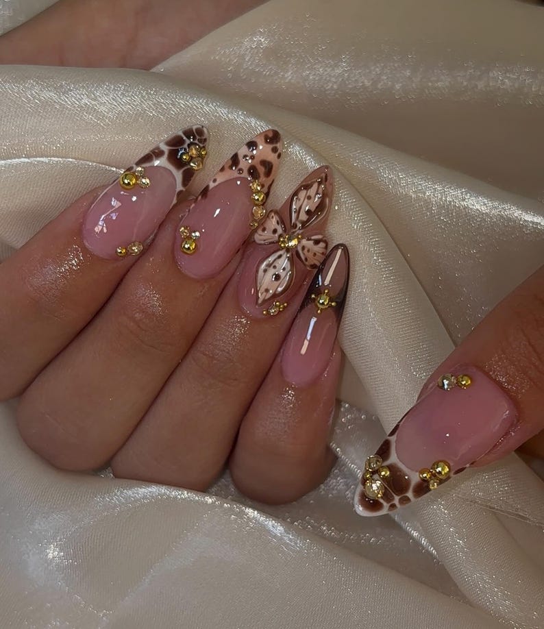 Brown Leopard Print Press On Nails | Long Almond French Nails | Zebra & Crocodile Pattern Nail Art | 3D Floral Elegant Nails