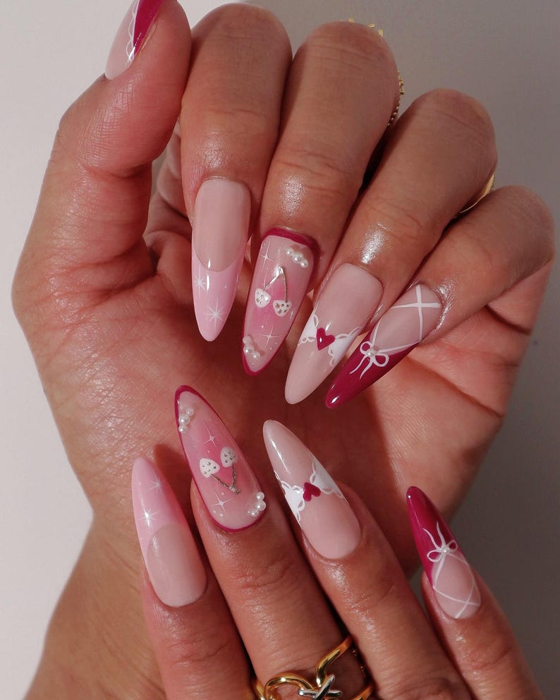 Valentine Press On Nails | Red & Pink Bow Nails | Heart Corset French Tip Nail Art | Cute Fake Nails | White Heart Corset French Tip Nails